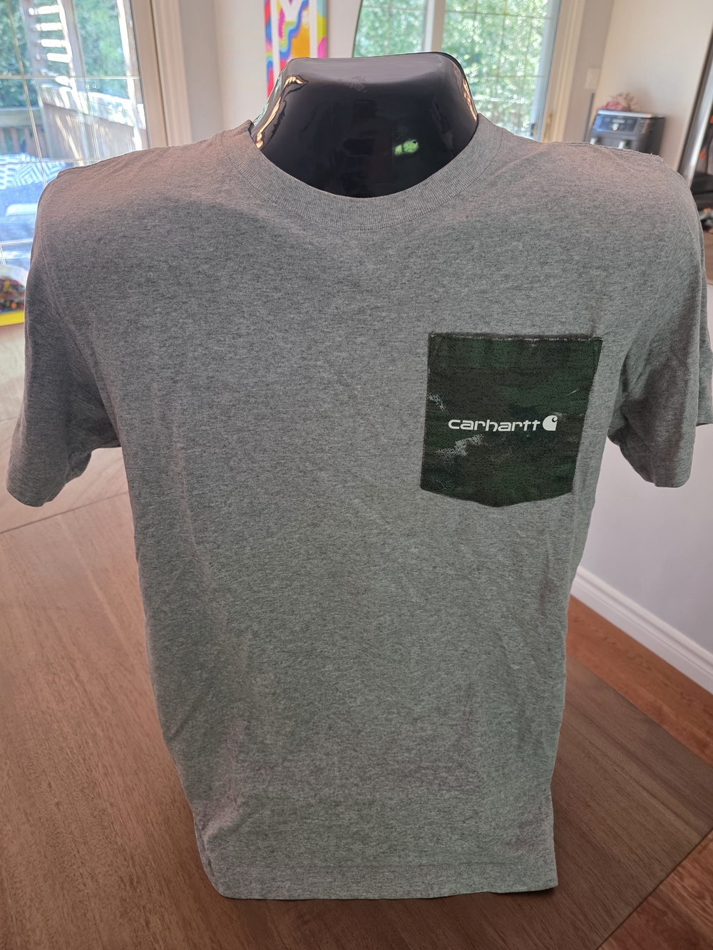 Carhartt Men's Gray Short-Sleeve Tee with Green Camo Pocket